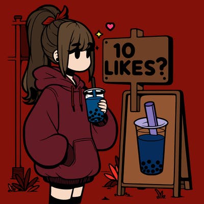 girl with oversized hoodie drinking boba and she has a high ponytail with a sign that says 10likes?