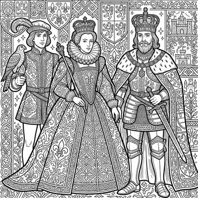 Immerse yourself in the grandeur of the Renaissance with this highly detailed adult coloring page featuring powerful monarchs and their noble court. Discover intricate patterns in their garments and regal surroundings, waiting for your artistic touch.