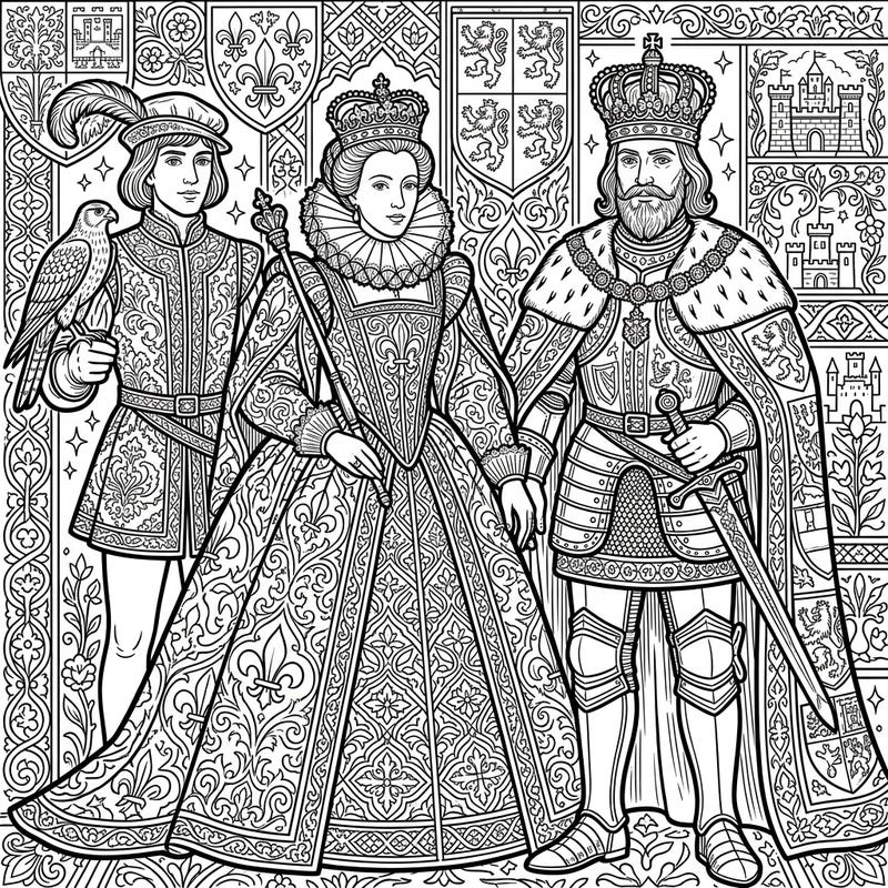 Immerse yourself in the grandeur of the Renaissance with this highly detailed adult coloring page featuring powerful monarchs and their noble court. Discover intricate patterns in their garments and regal surroundings, waiting for your artistic touch.