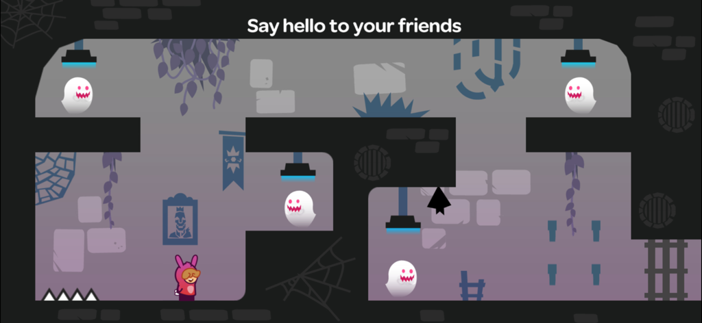 Tricky Castle의 하얀 유령과 가시로 가득한 던전 레벨을 탐색하는 분홍색 정장 차림의 캐릭터