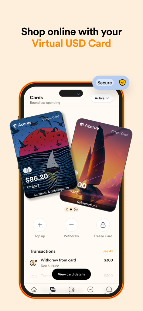 Accrue: Send. Spend. Sell. - Interfaz de la aplicación Accrue que muestra tarjetas virtuales de USD para compras en línea y suscripciones internacionales