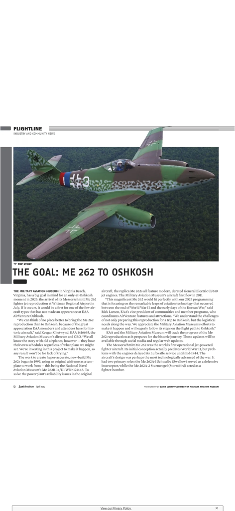 EAA Sport Aviation Magazine article featuring a Messerschmitt Me 262 jet