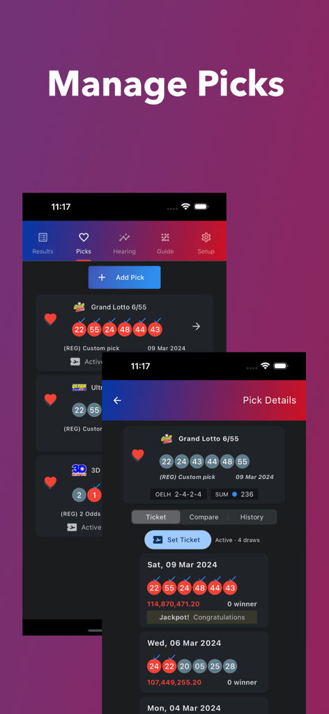 PCSO Lotto Results Guide Live - ユーザーが保存したロト番号の組み合わせを管理および追跡する方法を示すPCSOロト結果ガイドライブアプリのインターフェイス