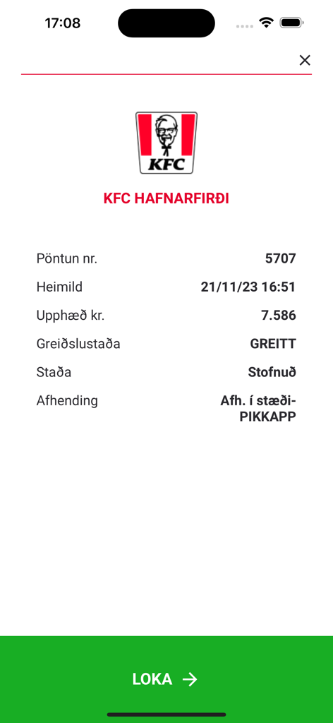 KFC Iceland - Pantalla de confirmación de pedido digital en la aplicación de KFC Islandia mostrando detalles del recibo para recogida