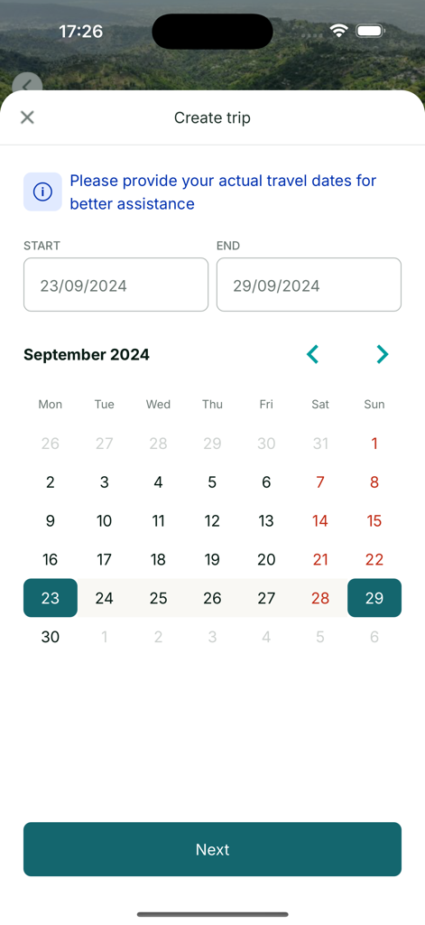 famba - Famba app screen for selecting trip start and end dates on a calendar