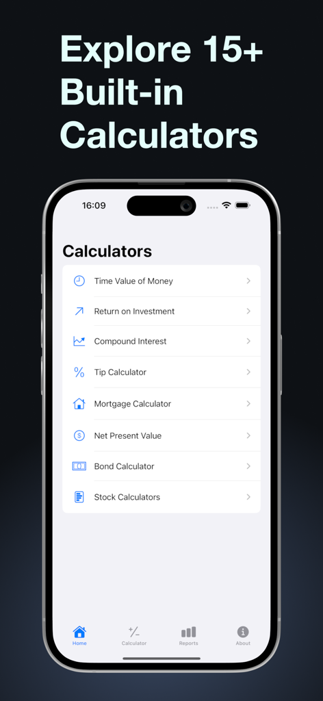 iPhone screen displaying a list of built-in financial calculators including Time Value of Money and Bond Calculator