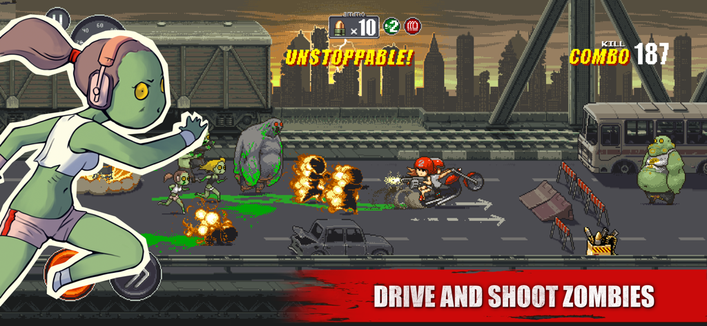Dead Ahead: Zombie bike racing - Action packed pixel art gameplay of Dead Ahead showing a motorcycle rider shooting zombies on a bridge