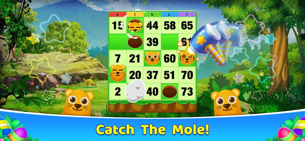 Bingo 365 - 2026 Bingo Games - Gameplay-Bildschirm von Bingo 365, der eine Bingo-Karte mit Dschungel-Thema und dem Minispiel 'Catch the Mole' zeigt