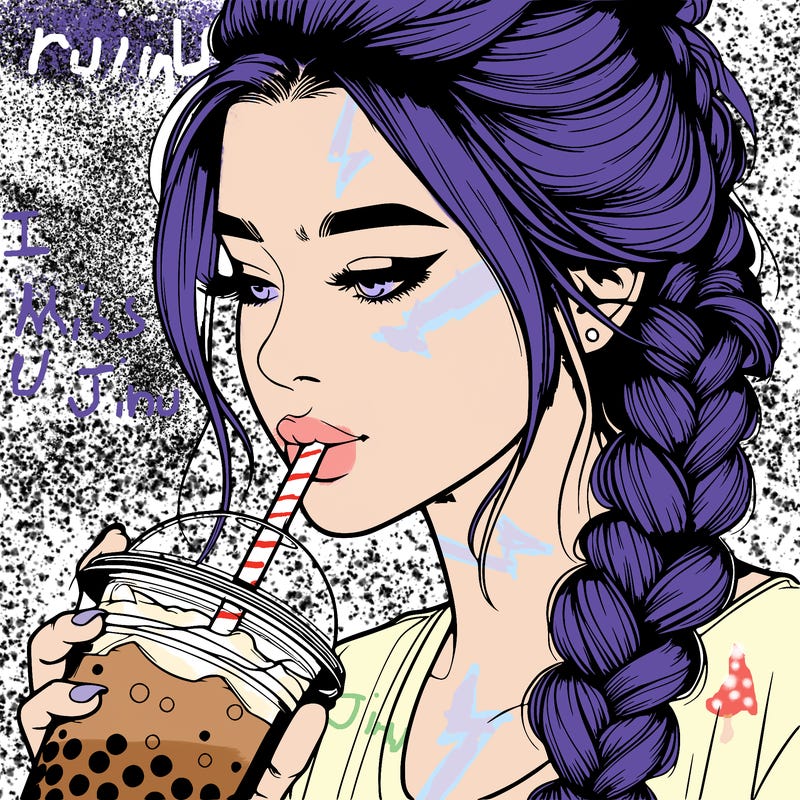 realistic girl drinking boba tea with braided hair