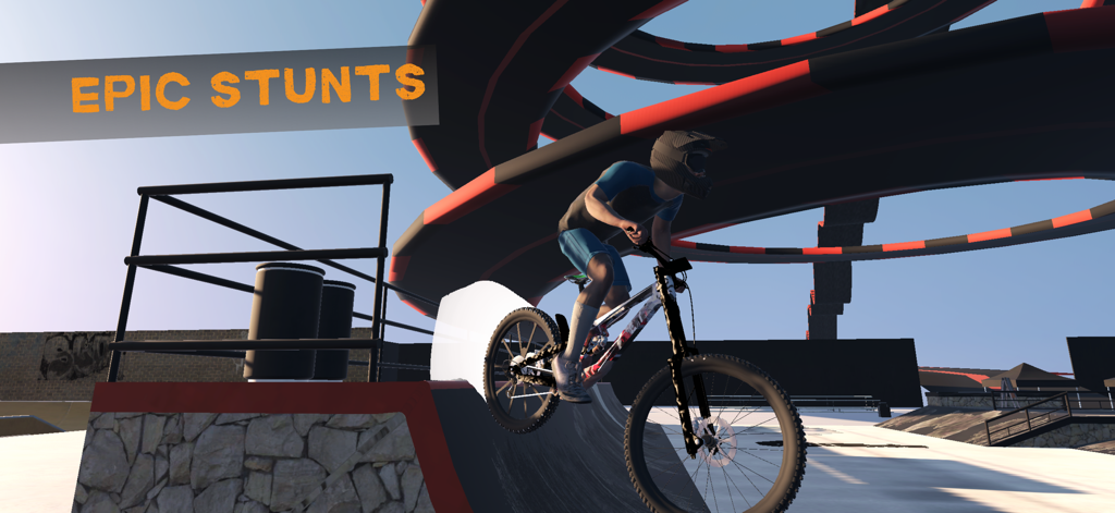 Bicycle Extreme Rider 3D - Mountain bike rider performing a jump in a stunt park with a loop track background