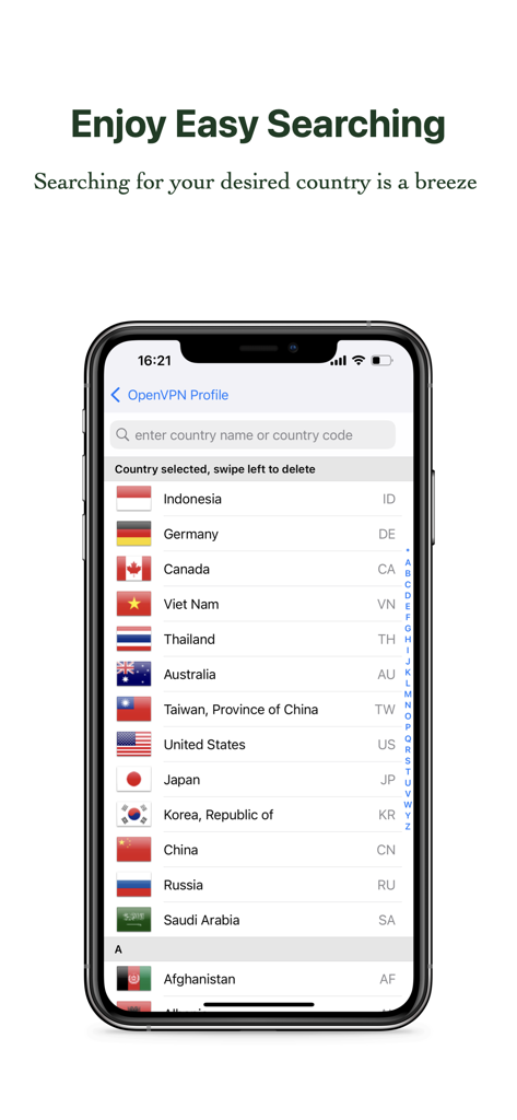 Interface of the OvpnSpider Pro app showing a searchable list of VPN server locations by country