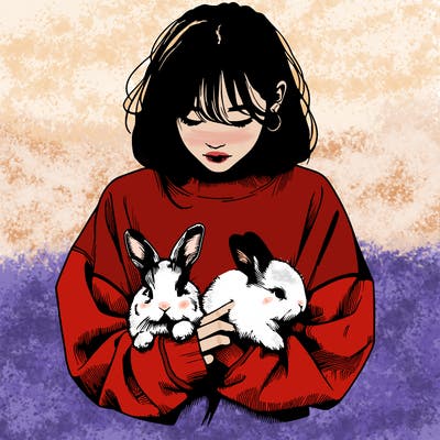 realistic girl with messy bunny baggy sweatshirt and holding bunnies