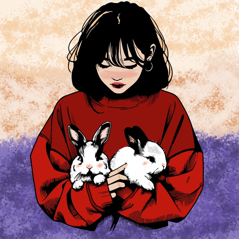 realistic girl with messy bunny baggy sweatshirt and holding bunnies
