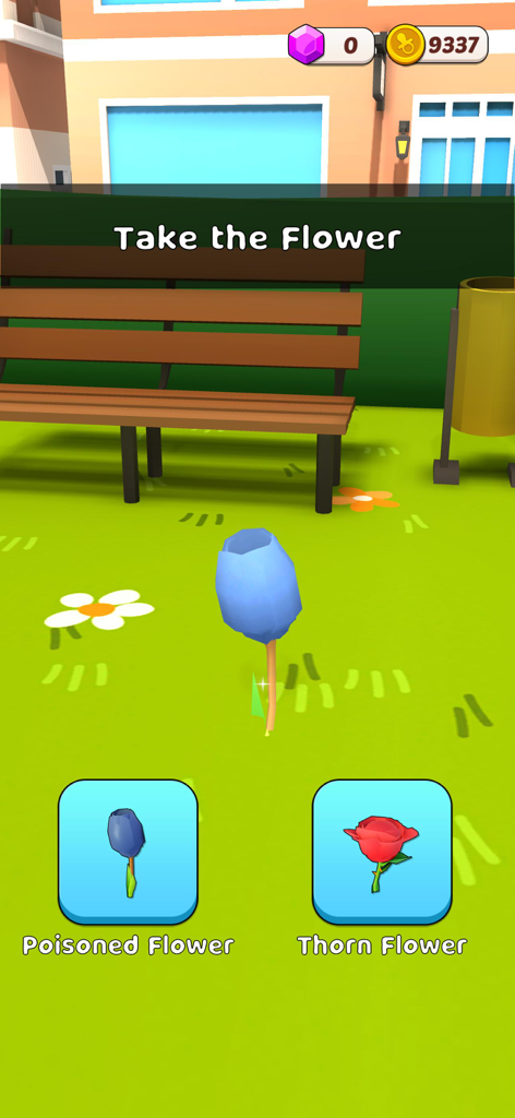 Scary Little Prankster - Una pantalla de elección en el juego Scary Little Prankster donde el jugador debe elegir entre una flor envenenada y una flor de espinas para una broma.