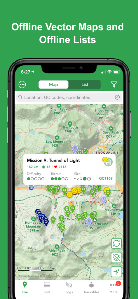 Cachly - Geocaching - Cachly app displaying geocaching locations on an offline vector map