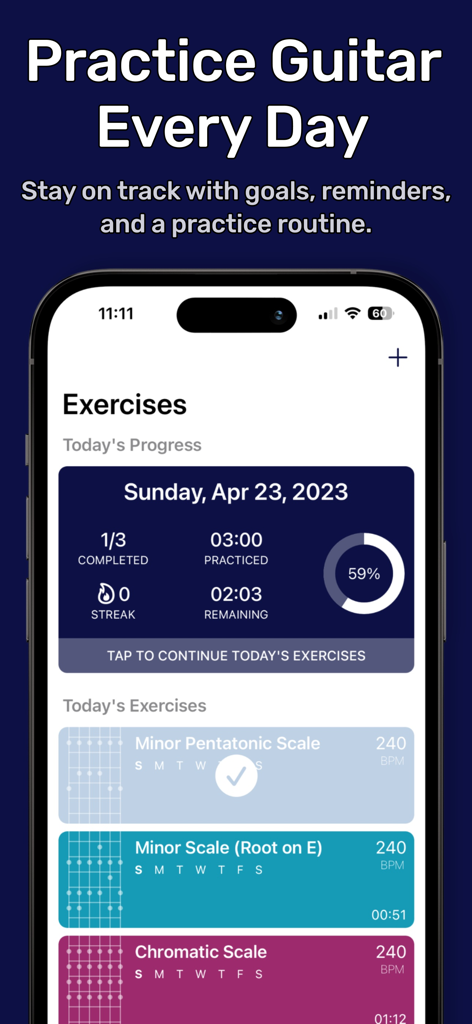 Guitar Scales: GuitarTime - GuitarTime app dashboard displaying daily guitar practice progress and a list of scale exercises.