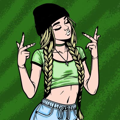 realistic teenage girl with braids and a beanie and crop top doing 🫶🏼