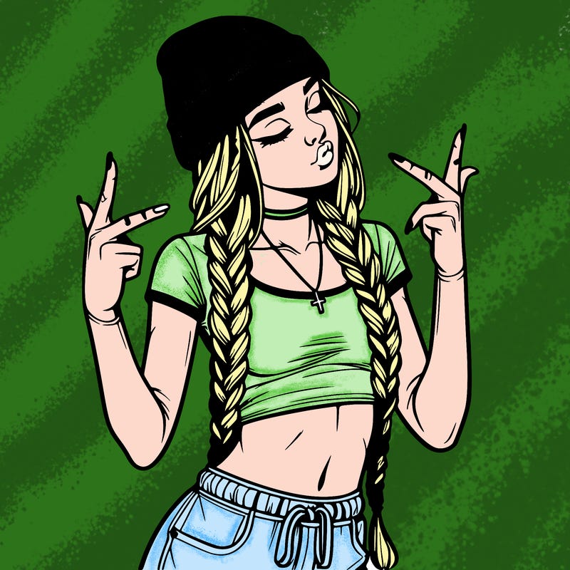 realistic teenage girl with braids and a beanie and crop top doing 🫶🏼