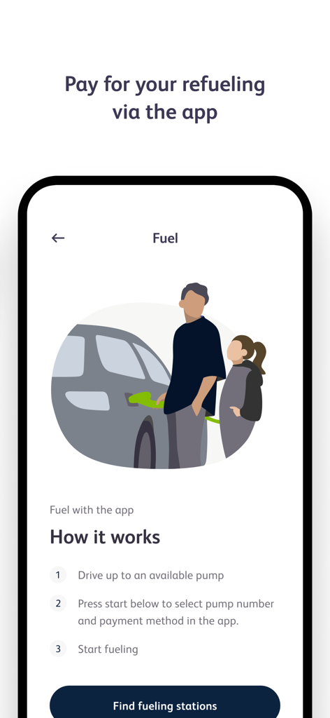 F24 - F24 mobile app screen explaining how to pay for fuel via the app with an illustration of a parent refueling a car
