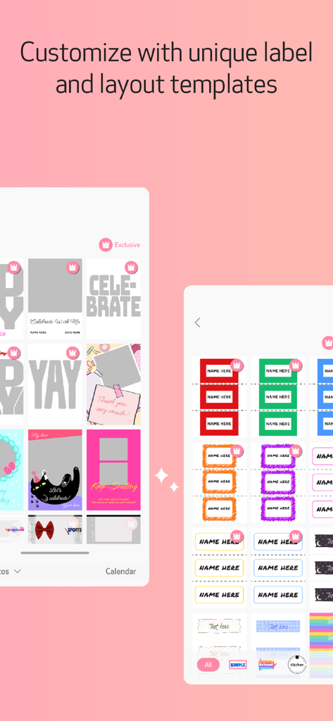 Canon Mini Print app interface showing a variety of creative label and layout templates for photo customization.