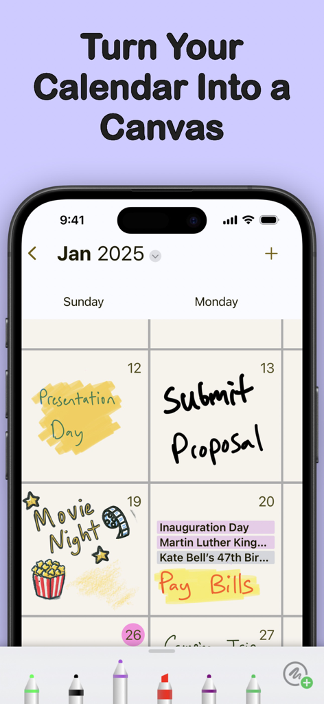 CalenDrawアプリが表示されたスマートフォン。月間カレンダーに手書きメモやクリエイティブな落書きがあります。