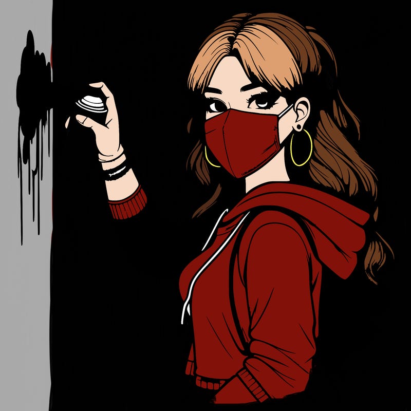 realistic girl with mask spray painting a wall