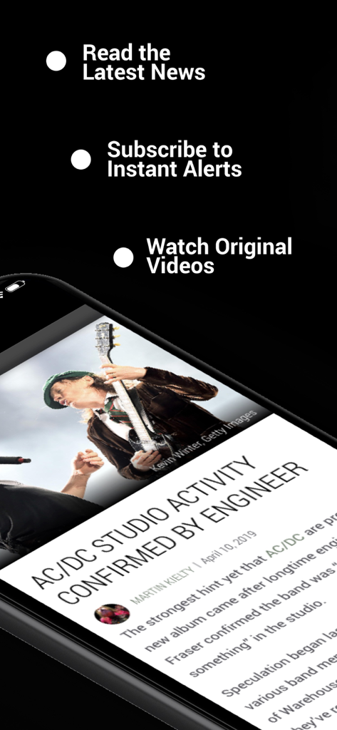 Loudwire app screenshot showing rock music news article and alert features