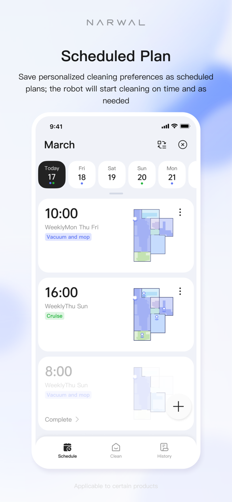 Narwal Freo - The scheduled plan screen in the Narwal Freo app showing automated cleaning times and house maps.