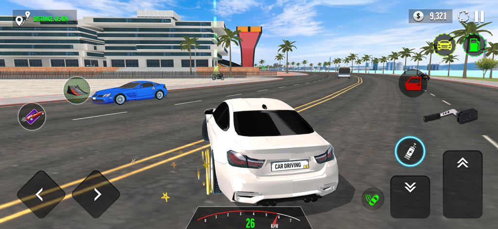 Car Simulator City Car Driving - Gameplay von Auto-Simulator Stadtverkehr mit einem weißen Sportwagen auf einer offenen Stadtstraße.