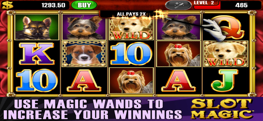 Captura de pantalla de jugabilidad de Slot Magic con la temática de cachorros y una varita mágica duplicando ganancias
