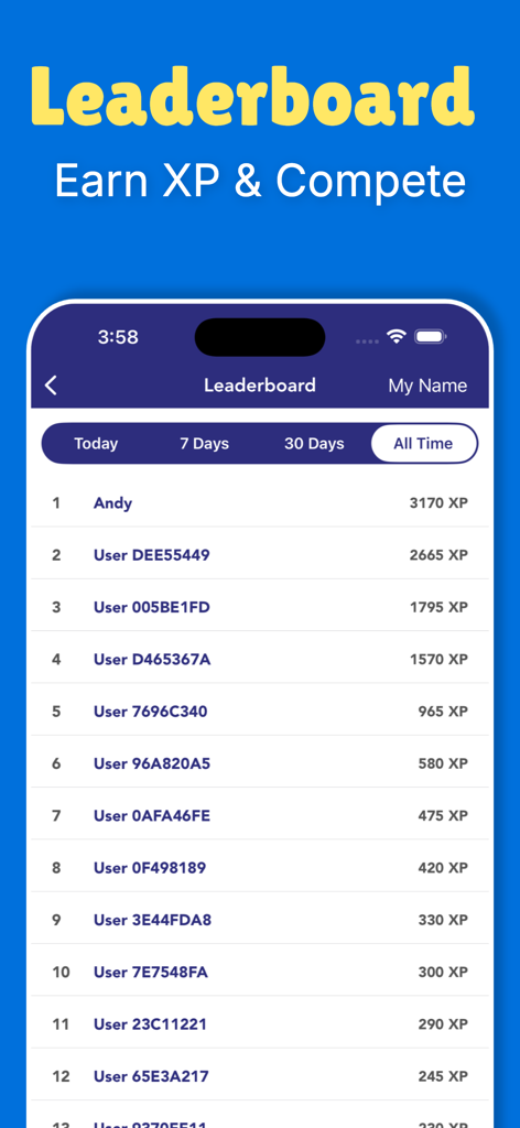 Kentucky DMV Permit Test app leaderboard screen showing user rankings and XP scores