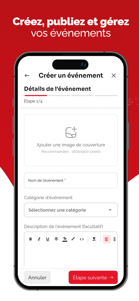 Tikerama - 主催者向けのステップバイステップのイベント作成フォームを表示するTikeramaモバイルアプリ画面。