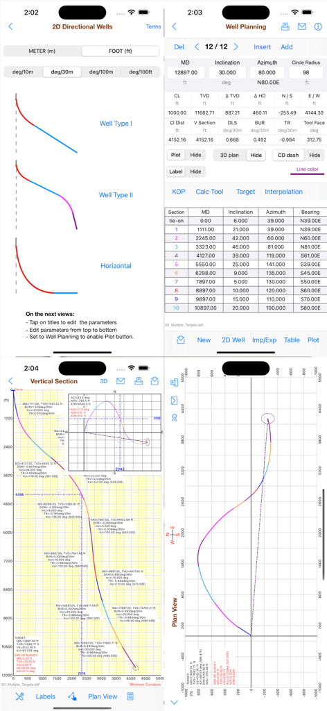 Directional Drilling - Directional Drilling app interface showing well planning data tables and trajectory plots