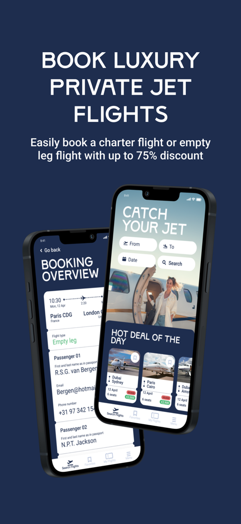 Catch a Jet - Catch a Jet mobile app interface showing luxury private jet flight booking and hot deals