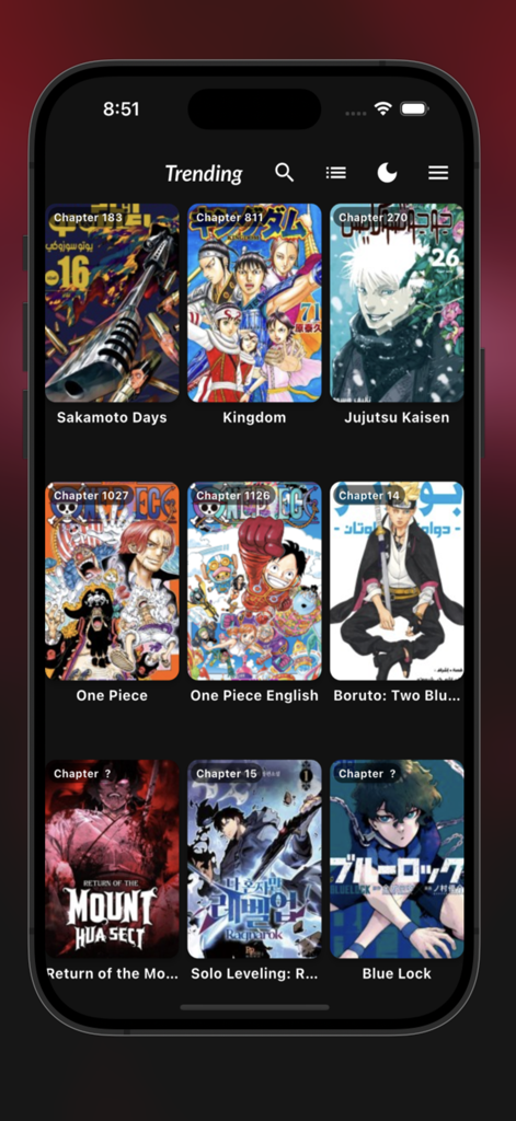 Interface do aplicativo Manga Cloud exibindo uma grade de títulos de mangá em alta no modo escuro