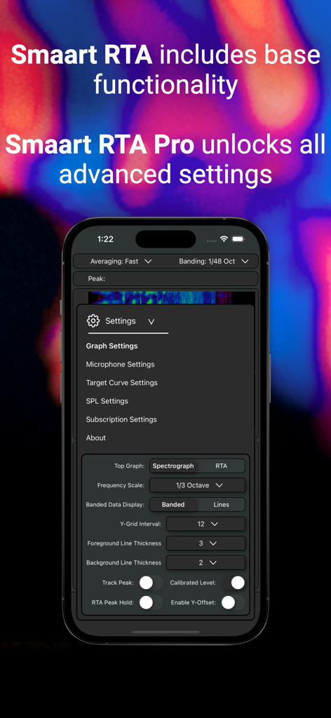 Smartphone screen displaying the advanced settings menu of Smaart RTA Pro for professional audio frequency analysis and graph configuration.