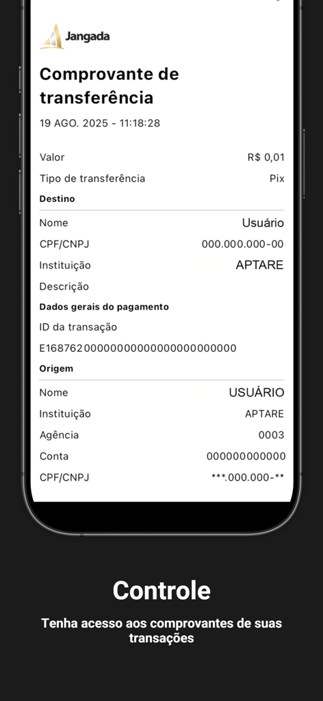 Jangada: Conta PJ Digital - Captura de tela de um recibo de transferência Pix dentro do aplicativo bancário PJ digital da Jangada
