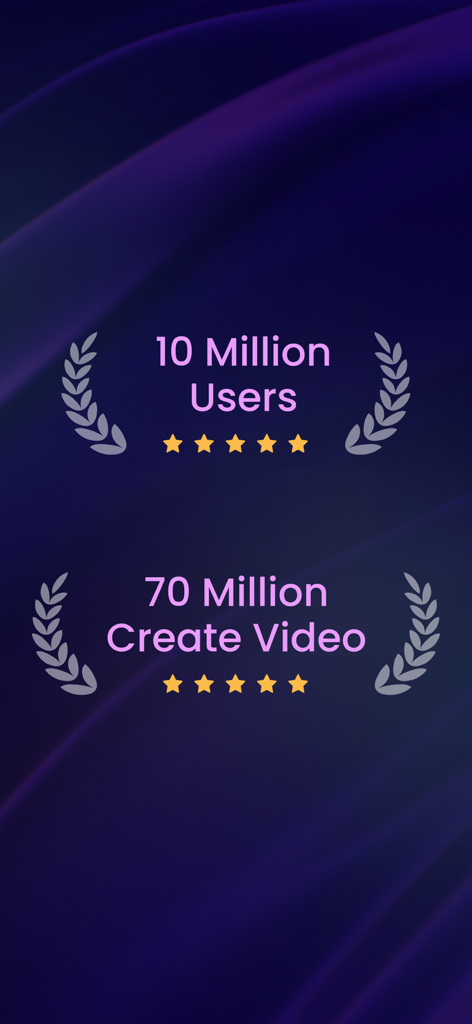 AI Sticker: Face Emoji Maker - Achievement graphic showing 10 million users and 70 million videos created with five star ratings for the AI Sticker app