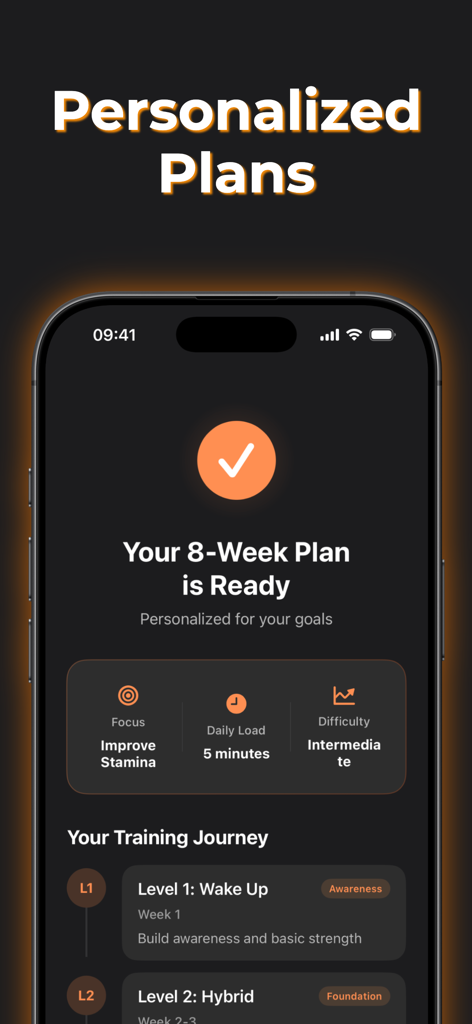 Kegel Men: Pelvic Floor PFM - A mobile app screen showing a personalized 8 week pelvic floor training plan for men with a focus on improving stamina