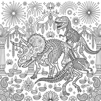 Unleash your creativity with this extraordinary Diwali coloring page, where majestic dinosaur skeletons come alive amidst festive lights and intricate designs. This unique template blends prehistoric wonder with the vibrant spirit of the Festival of Lights, offering hours of engaging artistic exploration.