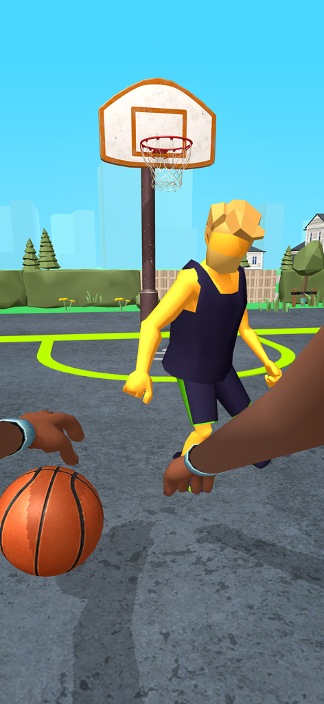 Una perspectiva en primera persona de un jugador de baloncesto driblando en una cancha callejera hacia una canasta