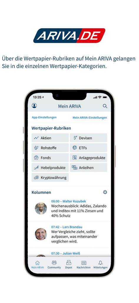 ARIVA.DE mobile App mit Finanzmarktkategorien und Anlageneachrichten.