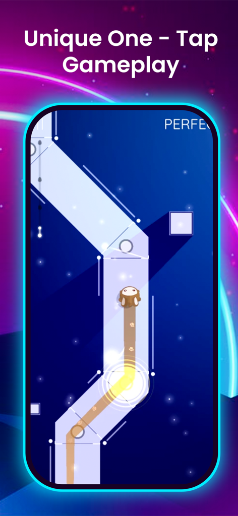 Music Tiles Ball - Piano Game - A character moving along a glowing zigzag path in the Music Tiles Ball rhythm game with the text Unique One-Tap Gameplay