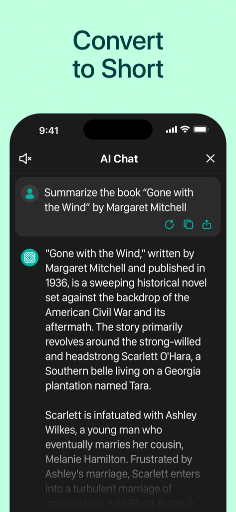 AI Chatbot with Сhat - Chatrun - Interface of the Chatrun AI app summarizing a book in the chat window