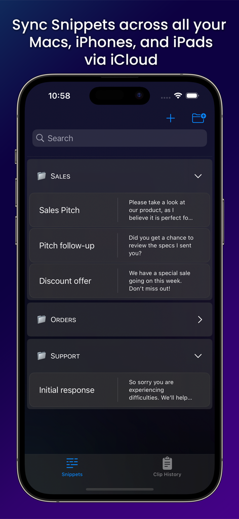 Cloud Snippets - Mobile - Cloud Snippets mobile app interface displaying organized text snippets and iCloud sync feature.