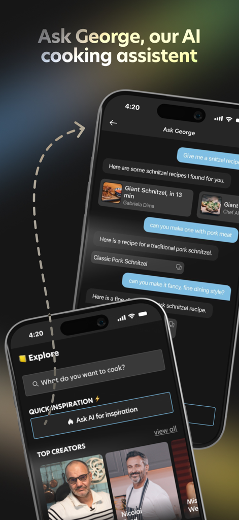 FoodFix app interface showing the George AI cooking assistant providing personalized recipe suggestions through a chat conversation.