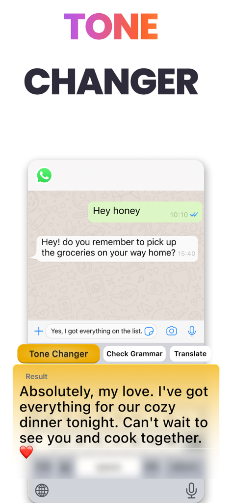 AI Keyboard: KeyAI - Interfaz de la aplicación KeyAI mostrando la función de cambio de tono convirtiendo un texto simple en un mensaje cariñoso en un chat.