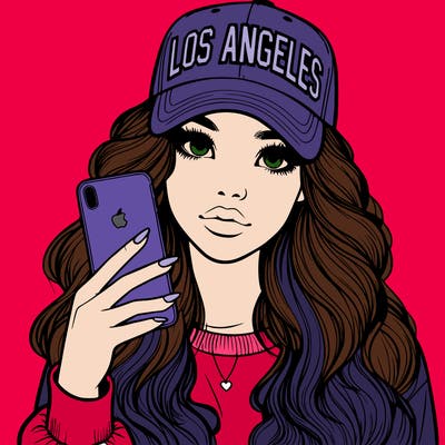 realistic beautiful girl wearing los ángeles cap holding an iphone