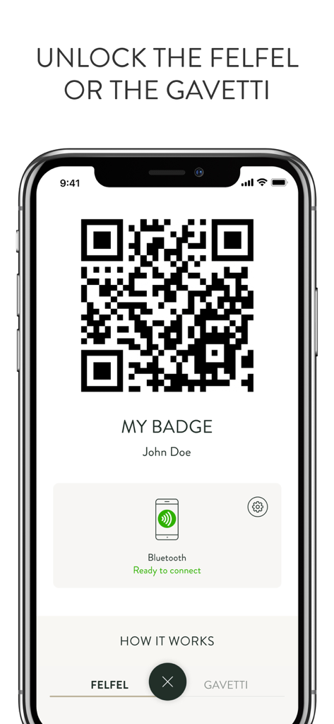 FELFEL app digital badge with QR code for unlocking smart fridges and coffee machines