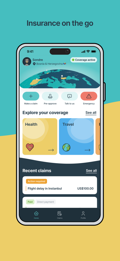 SafetyWing - SafetyWing mobile app interface displaying active nomad insurance status, quick claim actions, and travel coverage details.